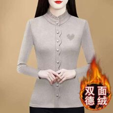 批发秋冬半高领德绒打底衫女中年妈妈洋气斜排扣修身显瘦减龄保暖上衣