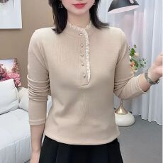 批发秋冬德绒女长袖气质显瘦减龄半高领蕾丝花边内搭保暖修身打底上衣