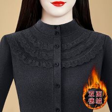 批发秋冬德绒中年妈妈上衣女半高领蕾丝纽扣保暖遮肉洋气减龄打底衫