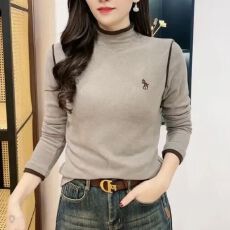 批发秋冬新款半高领德绒打底衫女<b class='q'>大码</b>撞色刺绣修身遮肚显瘦长袖上衣