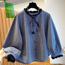 批发2026新款韩系小格子<b class='q'>衬衫</b>女长袖<b class='q'>韩版</b>宽松休闲减龄圆领木耳边上衣秋
