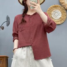 批发文艺双层棉纱双织格纹复古<b class='q'>长袖</b>秋季新款休闲宽松女士复古衬衫女