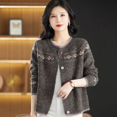 批发胖mm大码时尚妈妈装小个子<b class='q'>圆领</b>复古女士宽松减龄洋气<b class='q'>针织</b><b class='q'>开衫</b>上衣