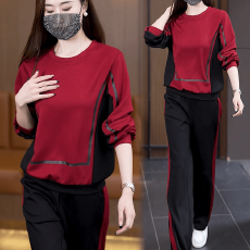 批发胖妹妹<b class='q'>休闲</b>时尚套装2026新款大码女装撞色圆领卫衣阔腿裤两件套女