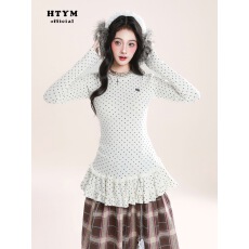 批发人棉磨毛韩系甜美波点印花木耳裙摆长袖T恤女内搭叠穿<b class='q'>打底衫</b>上衣