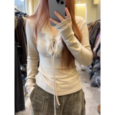 人棉抓毛260克  纯欲风V领系带毛领内搭打底衫长袖上衣