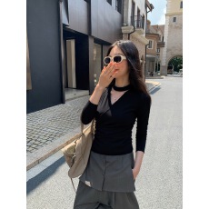 随心裁抓毛 260克设计感交叉V领挂脖长袖打底衫正肩气质上衣