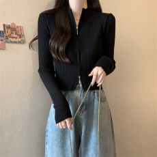 批发半高领双拉链针织开衫女秋冬短款潮汕<b class='q'>毛衣外套</b>高级感长袖修身上衣