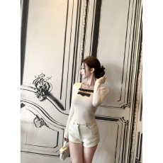 批发千金感丝绒蝴蝶结v领拼接长袖针织衫纯欲上衣