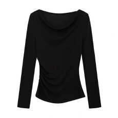 批发黑色荡领长袖T恤女内搭<b class='q'>打底衫</b>秋冬季新款高腰修身气质一字领上衣