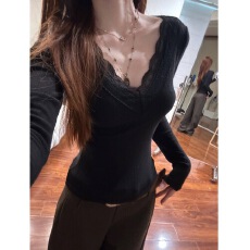 批发法式<b class='q'>轻熟</b>风蕾丝拼接长袖t恤女春秋新款纯欲修身显瘦v领打底衫上衣