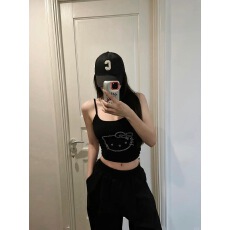 批发<b class='q'>莫代尔</b> 辣妹风设计感猫咪烫钻<b class='q'>吊带</b><b class='q'>背心</b>女夏季修身显瘦遮肉上衣潮