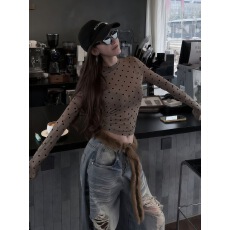 批发原版植绒韩系波点<b class='q'>长袖</b>T恤女春秋超好看内搭<b class='q'>打底衫</b>修身显瘦小上衣