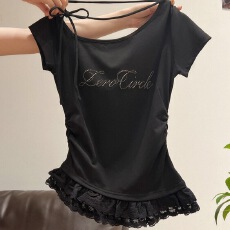 批发40支纯棉黑色斜肩烫钻短袖女T恤不规则蕾丝拼接上衣