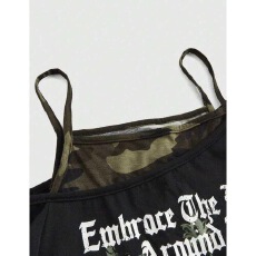 批发40支纯棉迷彩印花假两件斜领露肩短袖T恤女生夏季新