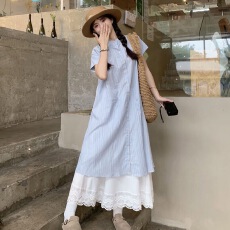 批发法式长款海边度假风外套女夏新款条纹开衫衬衫短袖上衣