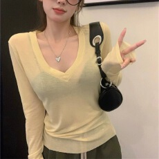 批发天丝罗纹130克慵懒风薄款罩衫休闲V领<b class='q'>长袖</b><b class='q'>t</b><b class='q'>恤</b>女夏季