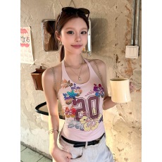 批发美式花卉印花露背挂颈收腰<b class='q'>背心</b>夏季甜辣妹修身显瘦无袖多巴胺上衣