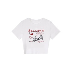 批发夏季新款白色正肩圆领短款<b class='q'>短袖</b>上衣美式潮牌卡通印花显瘦辣妹上衣
