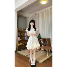 批发原版面料做法有内衬# 法式甜美白色V领连衣裙女夏季泡泡袖小白裙
