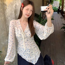 批发网纱薄款<b class='q'>长袖</b>防晒T恤温柔风碎花空调房修身显瘦上衣