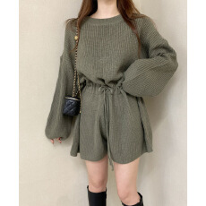 批发韩国chic复古抽绳系带收腰长袖针织<b class='q'>阔</b><b class='q'>腿</b><b class='q'>连体裤</b>短裤女