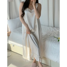 批发韩系丝绸睡衣吊带睡裙女款夏季珍珠白温柔公主风荷叶花边长款裙子