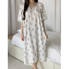 批发韩系chic女士睡裙夏季新款ins风短袖睡衣裙中长款过膝宽松家居服