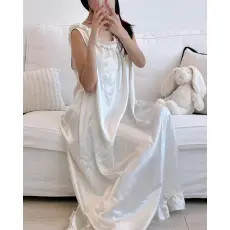 批发韩系丝绸睡衣吊带<b class='q'>睡裙</b>女款夏季珍珠白温柔<b class='q'>公主</b>风荷叶花边长款裙子