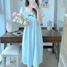 批发韩系chic甜美<b class='q'>公主</b>风带胸垫<b class='q'>睡裙</b>女夏季中长款波点短袖睡衣家居服