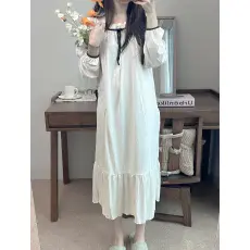 批发韩系春秋季爆款一字领长袖家居服长款睡裙少女公主风可外穿休闲女