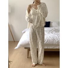 韩系chic睡衣女三件套装秋冬背心吊带胸垫樱桃性感纯欲风家居服