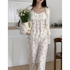 韩系chic睡衣女三件套装秋冬背心吊带胸垫蝴蝶结性感纯欲风家居服