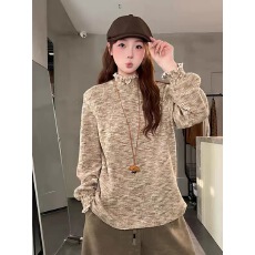 批发大码新款复古半高领木耳边打底衫遮肉显瘦百搭长袖上衣