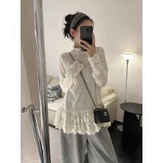 批发大码新款气质半高领蕾丝打底衫遮肉显瘦百搭长袖上衣