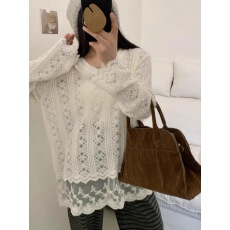 批发大码新款V领法式蕾丝拼接遮肉显瘦长袖上衣