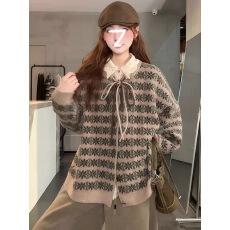 批发大码新款复古软糯系带针织开衫宽松百搭撞色<b class='q'>毛衣</b>外套