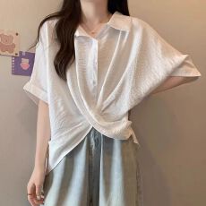 批发原版面料原版做工夏季设计感<b class='q'>不规则</b>交叉短袖上衣