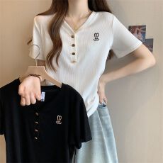 批发原版质量40支螺纹1X1夏季新款<b class='q'>大码</b>正肩韩版刺绣短袖上衣