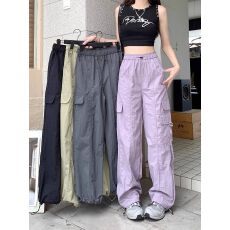 批发工装裤子春夏季2026新款高腰宽松抽绳阔腿休闲裤子<b class='q'>女</b>直筒长裤