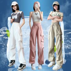 批发工装裤<b class='q'>女</b>春夏季薄款速干高腰宽松抽绳束脚运动休闲直筒阔腿<b class='q'>裤</b>