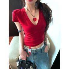 批发92人棉8氨纶260克正肩短袖t恤女夏季辣妹内搭修身<b class='q'>显瘦</b>v领上衣