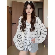 批发原版面料长袖连帽条纹开衫T恤女装春<b class='q'>夏季</b>韩系慵懒风防晒上衣