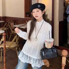 批发白色立领<b class='q'>蕾丝</b>衫女装春季设计感拼接<b class='q'>打底衫</b>中长款宽松上衣
