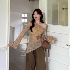 批发40d网纱数码气质高级感<b class='q'>不规则</b>下摆晕染花朵斜领长袖上衣