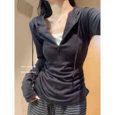批发原版品质-加内抽韩系假两件半拉链连帽长袖T恤春季修身<b class='q'>上衣</b>