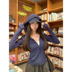 批发甜辣藏青连帽卫衣外套女春季新款修身显瘦百搭双拉链长袖<b class='q'>上衣</b>