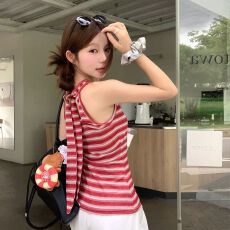 批发已出货原版色织条复古红色条纹吊带背心夏薄款修身系带设计感上衣