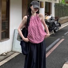 批发已出货 纯棉格子甜美复古撞色格子无袖花苞背心夏季女夏宽松上衣
