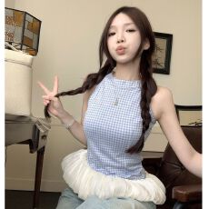 批发已出货 原版格+包边压领线芭蕾风格子拼接无袖吊带背心设计感上衣